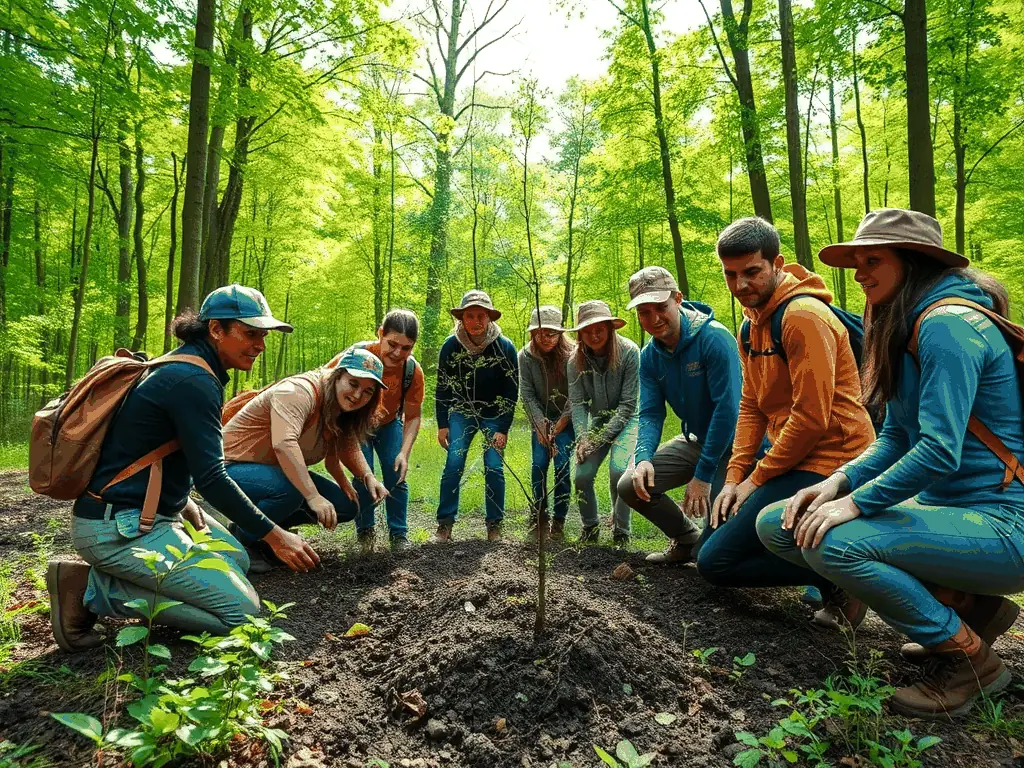 A photograph depicting volunteers planting trees as part of a habitat restoration project, showcasing SOCIETE DE CHASSE DU SUD DE BRIVE's commitment to environmental conservation.