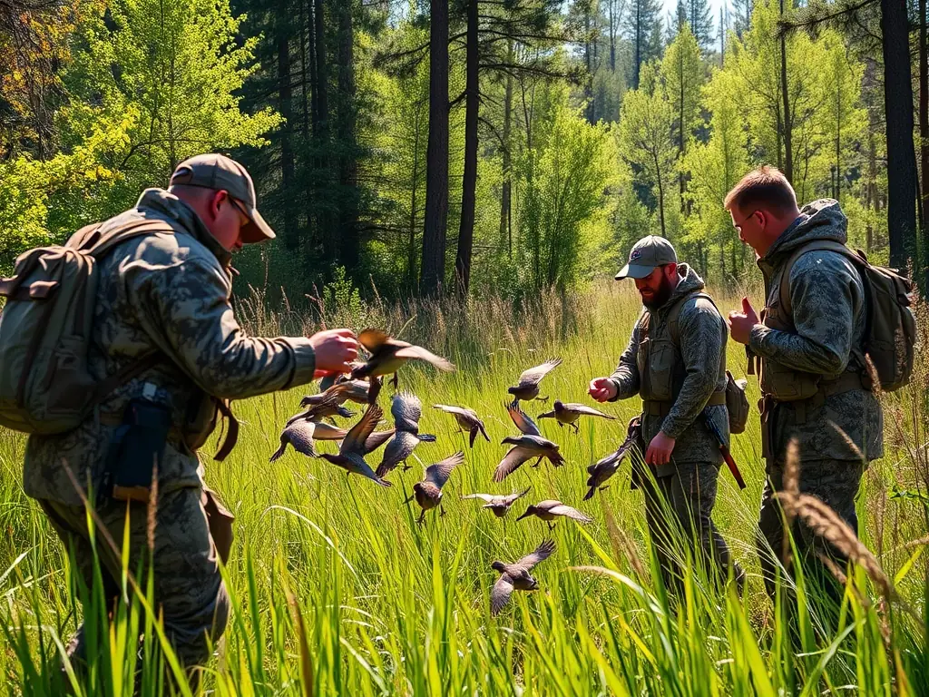 An image showing hunters participating in a controlled game restocking activity, carefully releasing animals into a designated area under the supervision of wildlife management experts.