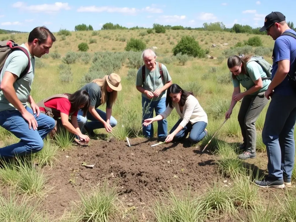 A group of SOCIETE DE CHASSE DU SUD DE BRIVE members participating in a wildlife habitat restoration project, planting native trees and shrubs to improve the local ecosystem.