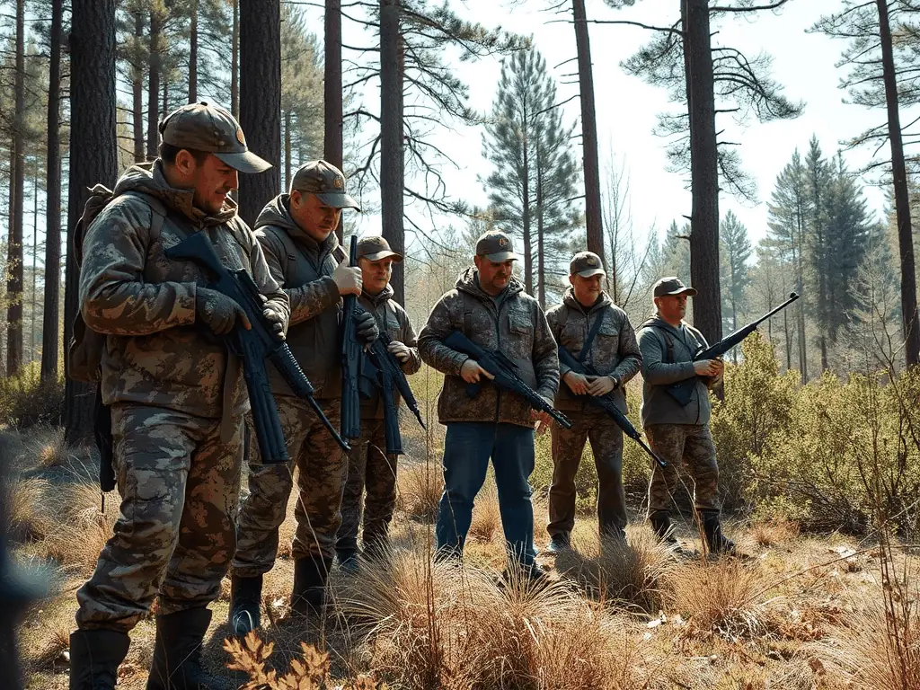 An image showing a group of hunters participating in a controlled hunt, emphasizing the importance of sustainable hunting practices in wildlife management.
